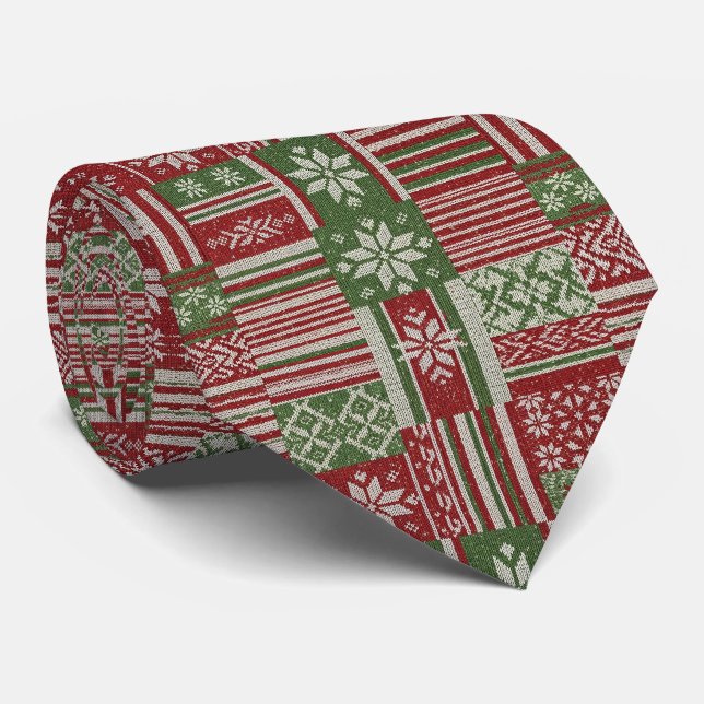 Classic Christmas Patchwork Knit -Red, Green (2) Neck Tie (Rolled)
