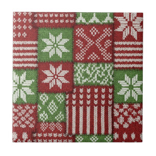 Classic Christmas Patchwork Knit -Red, Green Ceramic Tile