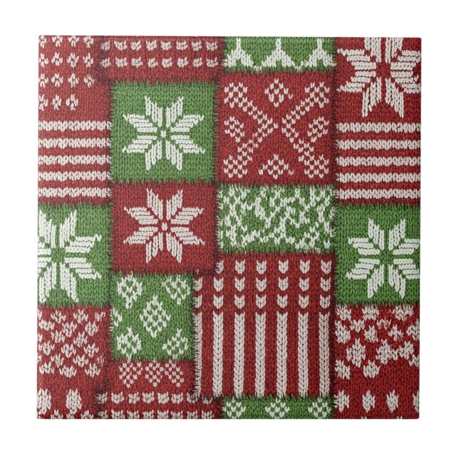 Classic Christmas Patchwork Knit -Red, Green Ceramic Tile (Front)