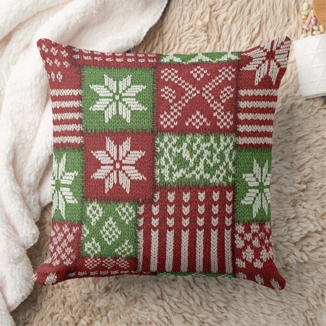 Classic Christmas Patchwork Knit -Red, Green Throw Pillow (Blanket)