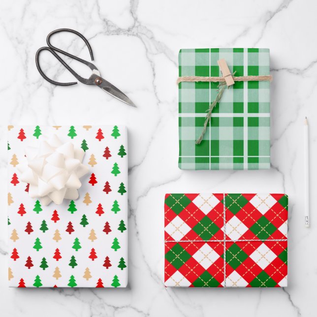 Classic Christmas Patterns Red and Green Wrapping Paper Sheets (Front)