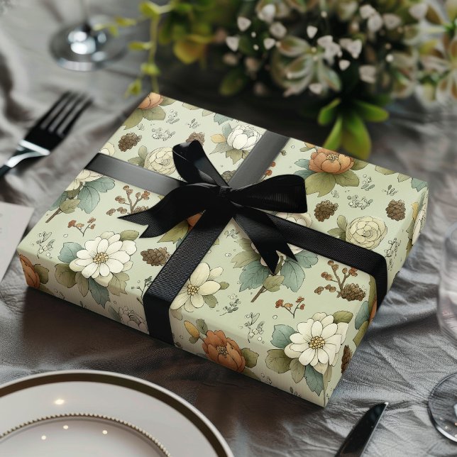 Classic Christmas Peach and Sage Green Floral Gift Wrapping Paper Sheets (Creator Uploaded)