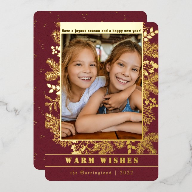 Classic Christmas | Pine & Botanical Photo Custom  Foil Holiday Card (Front/Back)