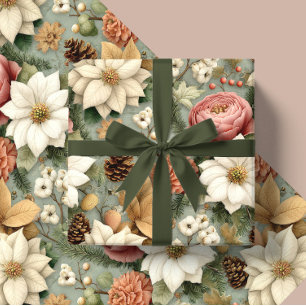 Classic Christmas Pink and Sage Green Floral Gift Wrapping Paper