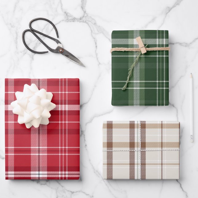 Classic Christmas Plaid collection Red Green Cream Wrapping Paper Sheets (Front)