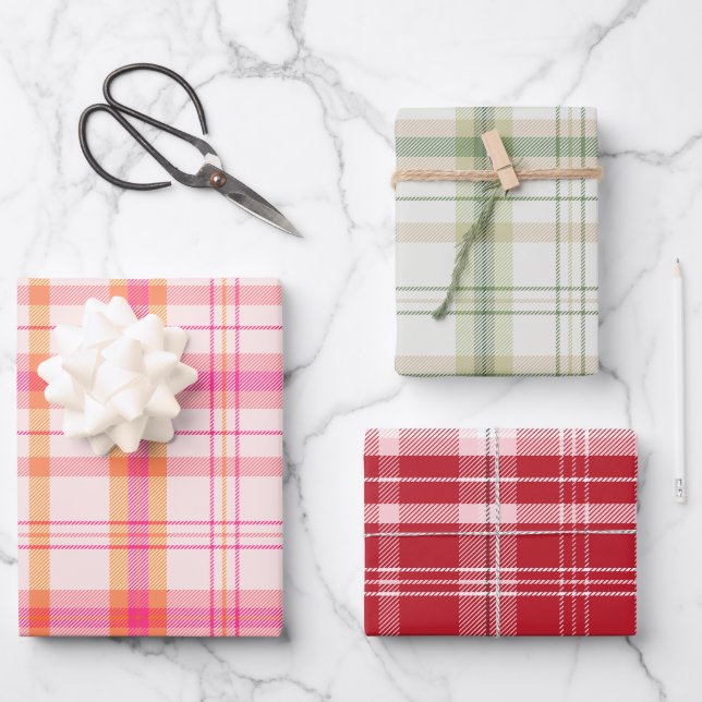 Classic Christmas Plaid collection Red Green Pink Wrapping Paper Sheets (Front)