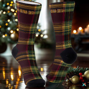 Classic Christmas Plaid – Custom Burgundy & Green Socks