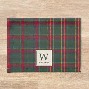 Classic Christmas Plaid Family Name Monogram Kitchen Towel