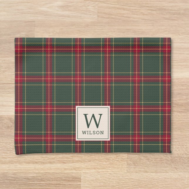 Classic Christmas Plaid Family Name Monogram Kitchen Towel (Creator Uploaded)