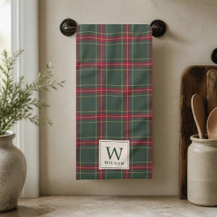 Classic Christmas Plaid Family Name Monogram Kitchen Towel
