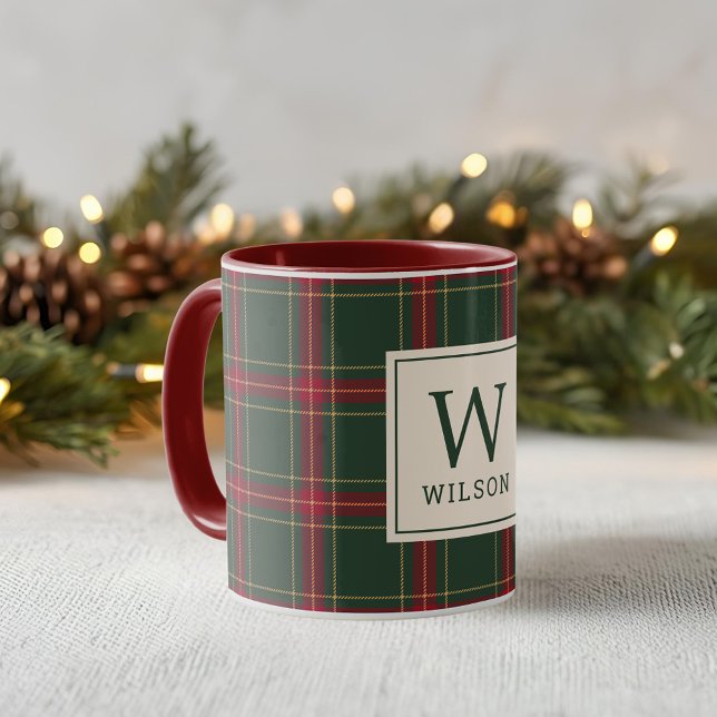 Classic Christmas Plaid Family Name Monogram Mug (Creator Uploaded)