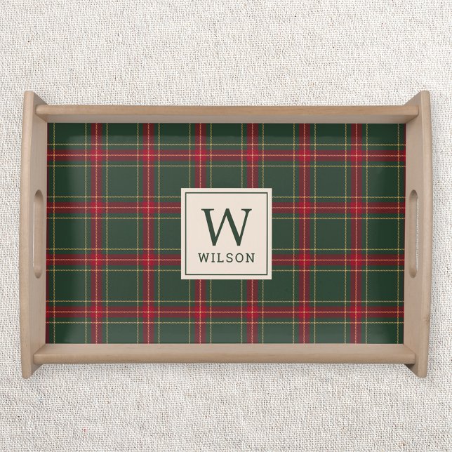 Classic Christmas Plaid Family Name Monogram Serving Tray (Creator Uploaded)