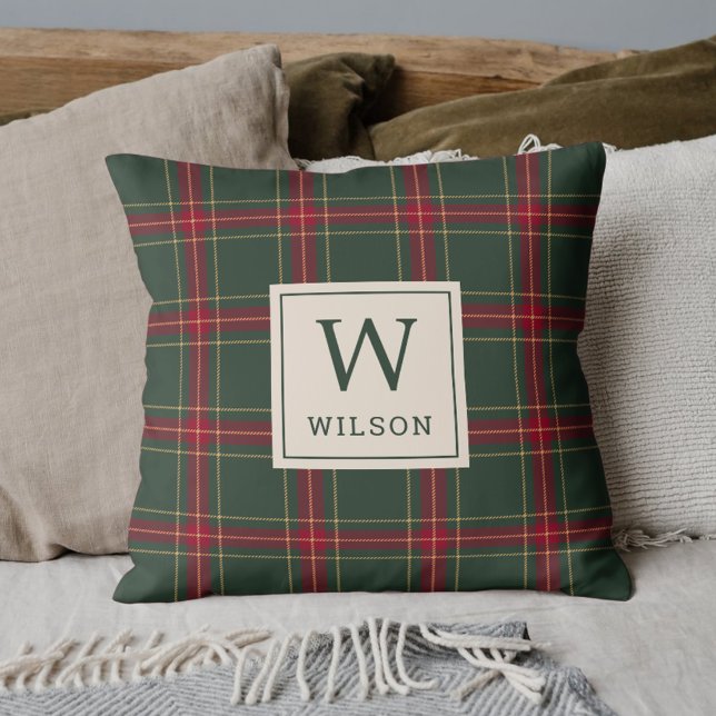 Classic Christmas Plaid Family Name Monogram Throw Pillow (Creator Uploaded)