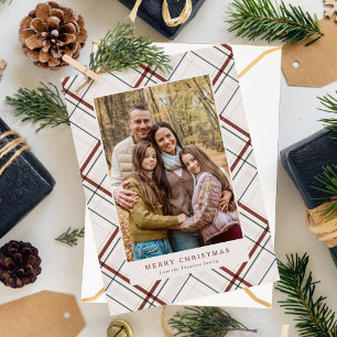 Classic Christmas plaid off-white simple photo Holiday Card