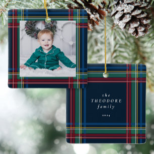 Classic Christmas plaid one photo holiday Ceramic Ornament