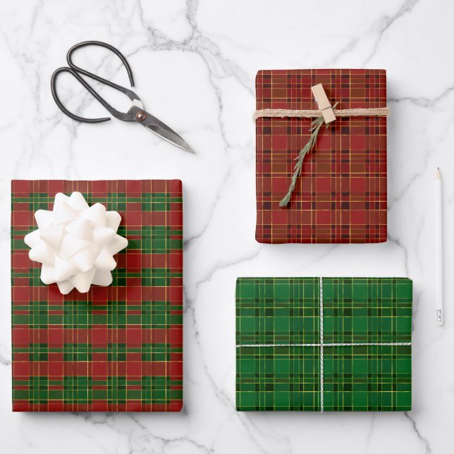 Classic Christmas Plaid Red Green Gold Wrapping Paper Sheets (Front)