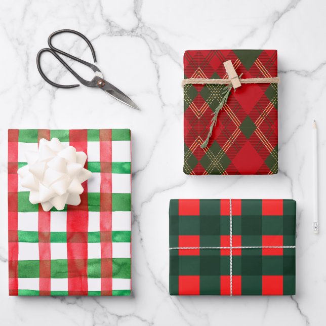 Classic Christmas Plaid Red Green White Wrapping Paper Sheets (Front)