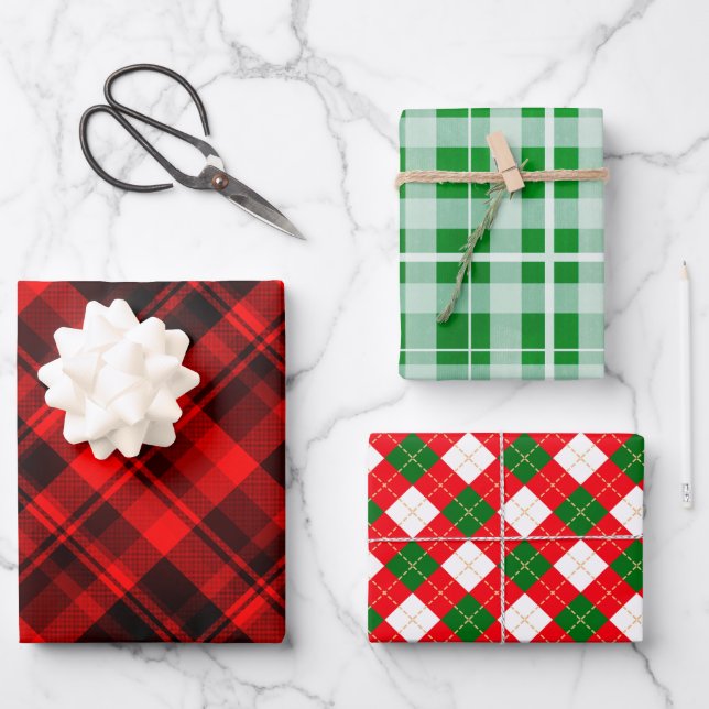 Classic Christmas Plaid Red White Green Wrapping Paper Sheets (Front)