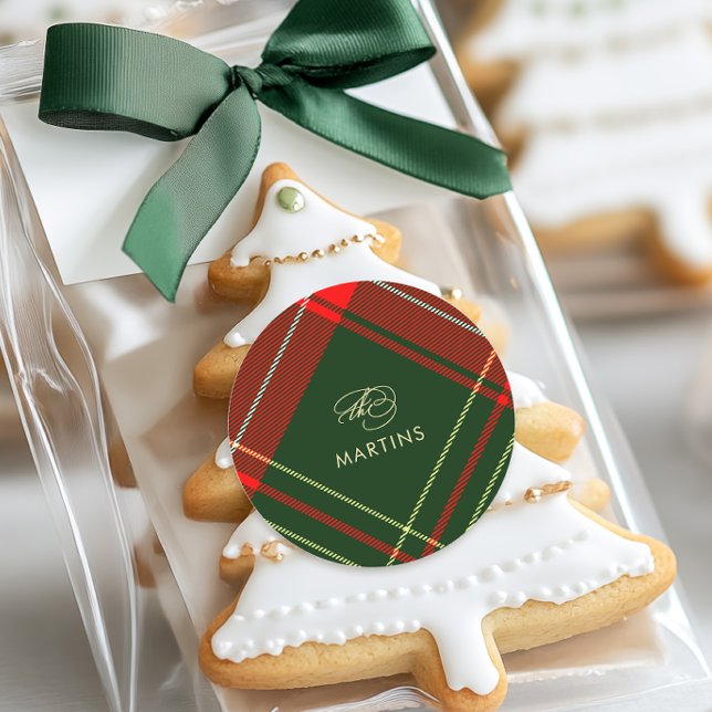 Classic Christmas Plaid with Name Holiday  Classic Round Sticker (Creator Uploaded)