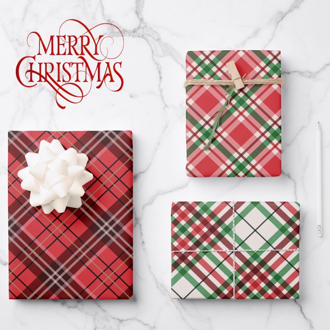 Classic Christmas Plaids Green Red 3 Coordinating Wrapping Paper Sheets (Creator Uploaded)