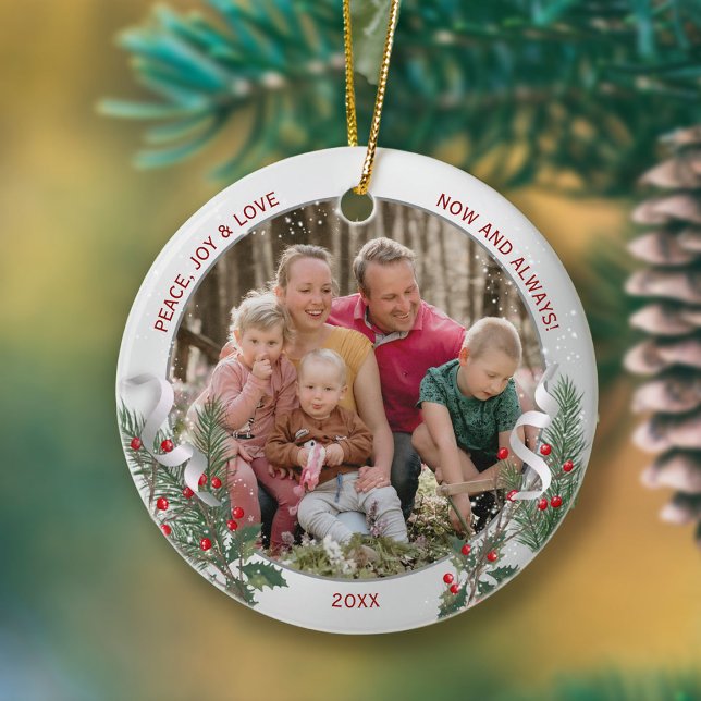 Classic Christmas Plants Silver Frame Family Photo Ceramic Ornament (Creator Uploaded)