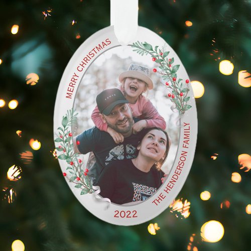 Classic Christmas Plants Silver Frame Family Photo Ornament