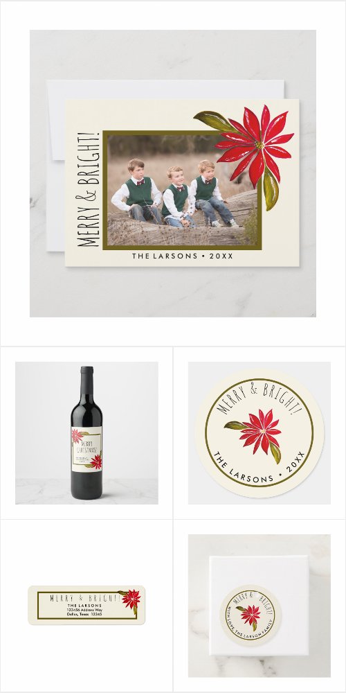 classic poinsettia merry and bright christmas cards, gift tags, boxes, and wine labels