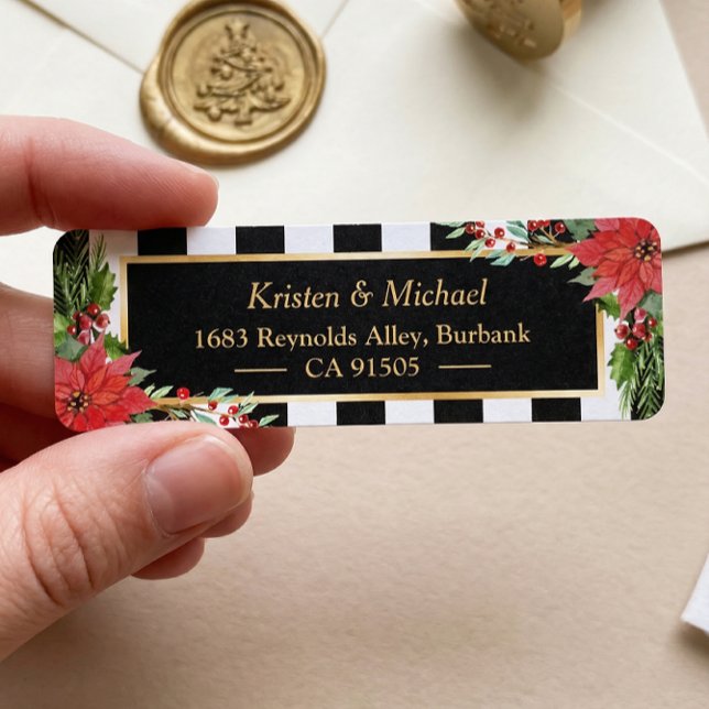 Classic Christmas Poinsettia Floral Gold Frame Label (Creator Uploaded)