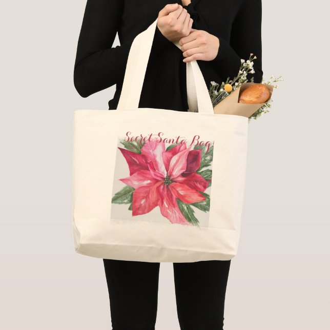 CLASSIC CHRISTMAS POINSETTIA FLOWER SECRET SANTA LARGE TOTE BAG (Front (Product))