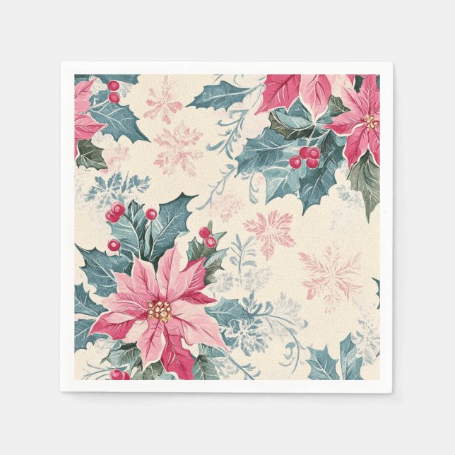 Classic Christmas Poinsettia Flowers Paper Napkins (Front)