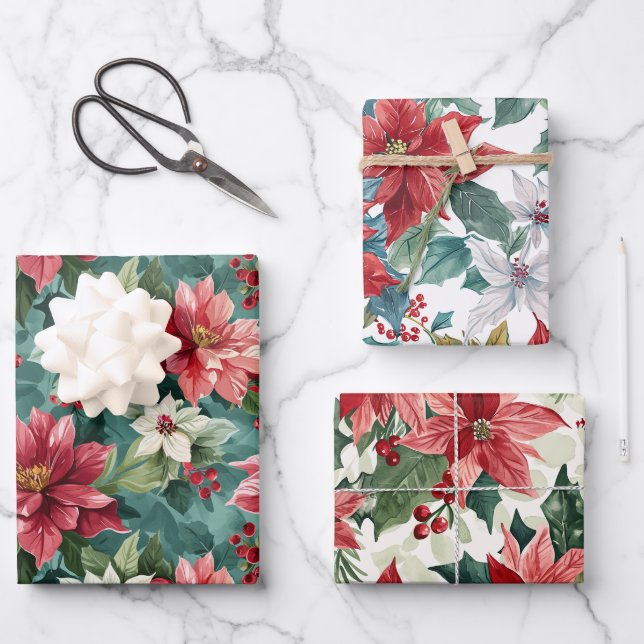 Classic Christmas Poinsettia Wrapping Paper Sheets (Front)