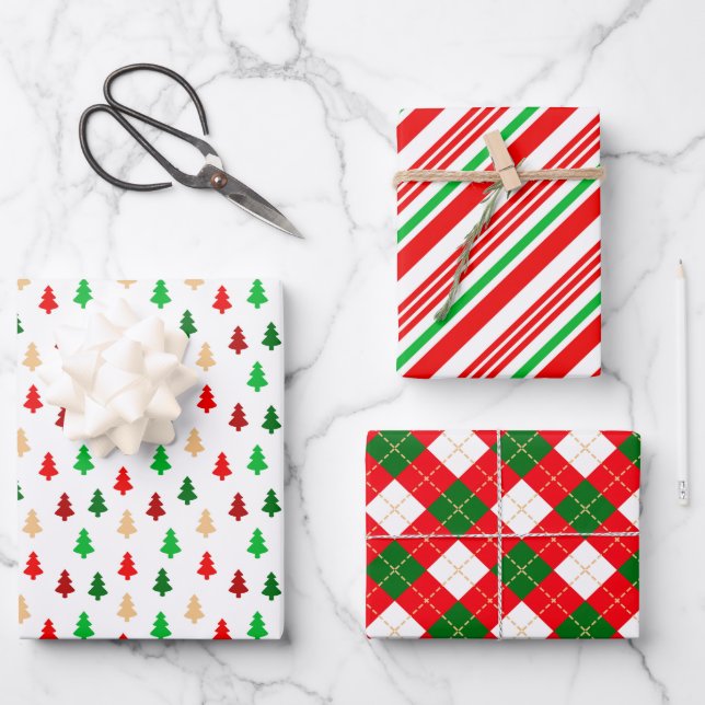 Classic Christmas Red and Green Patterns  Wrapping Paper Sheets (Front)