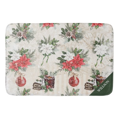Classic Christmas red and white poinsettia cotton Bath Mat