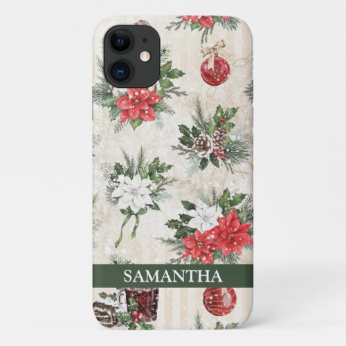 Classic Christmas red and white poinsettia cotton iPhone 11 Case