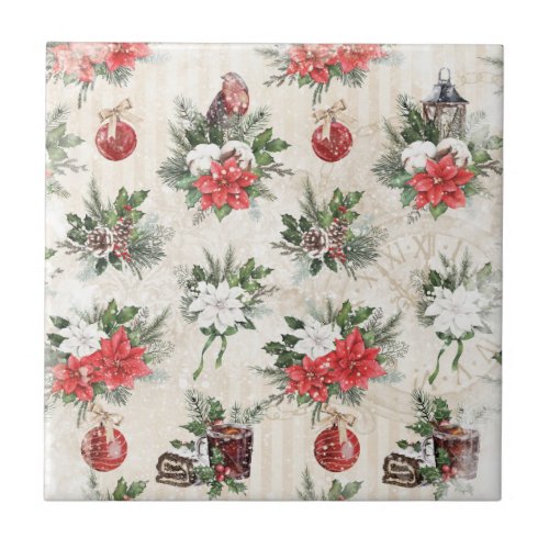 Classic Christmas red and white poinsettia cotton Ceramic Tile