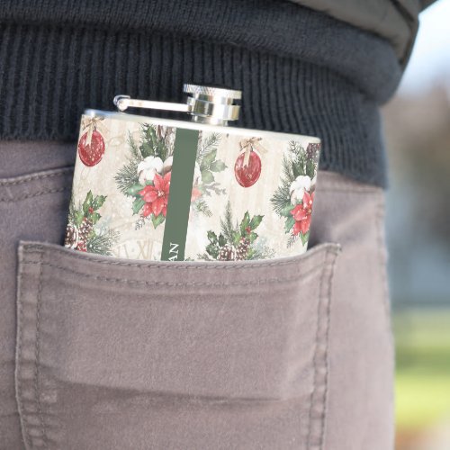 Classic Christmas red and white poinsettia cotton Flask