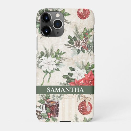 Classic Christmas red and white poinsettia cotton  iPhone 11Pro Case