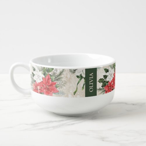 Classic Christmas red and white poinsettia cotton Soup Mug