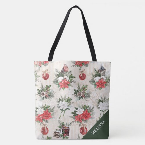 Classic Christmas red and white poinsettia cotton Tote Bag