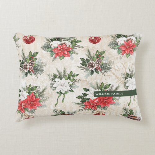  Classic Christmas red and white poinsettia flower Accent Pillow