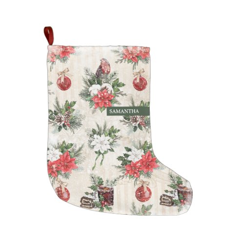  Classic Christmas red and white poinsettia flower Large Christmas Stocking