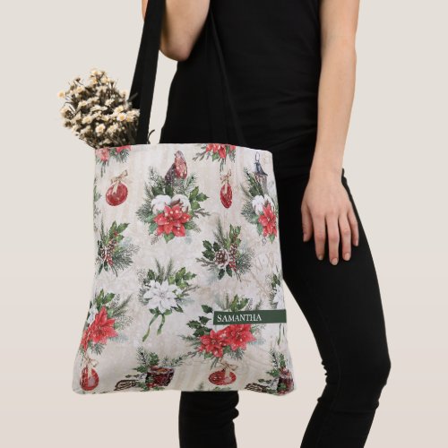  Classic Christmas red and white poinsettia flower Tote Bag