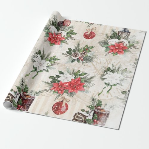  Classic Christmas red and white poinsettia flower Wrapping Paper