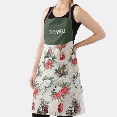 Classic Christmas red and white poinsettia flowers Apron