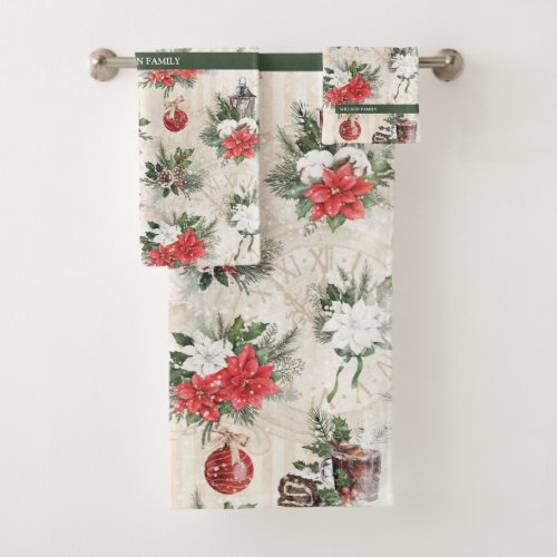 Classic Christmas red and white poinsettia flowers Bath Towel Set