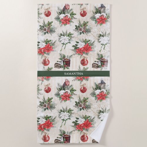 Classic Christmas red and white poinsettia flowers Beach Towel