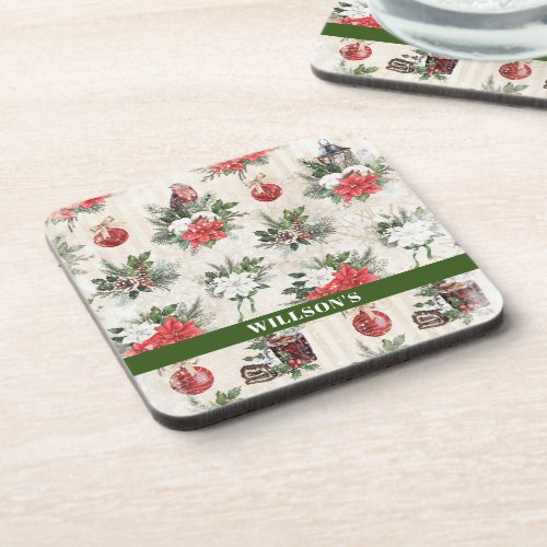 Classic Christmas red and white poinsettia flowers Beverage Coaster