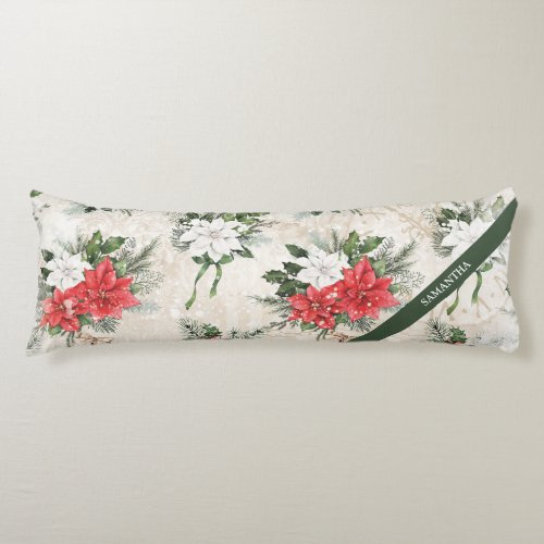 Classic Christmas red and white poinsettia flowers Body Pillow