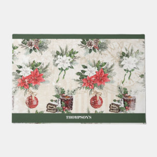 Classic Christmas red and white poinsettia flowers Doormat