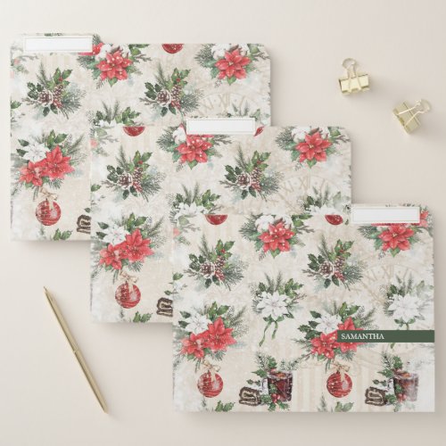 Classic Christmas red and white poinsettia flowers File Folder
